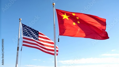 Chinese Flag and American Flag Waving Together in the Sky