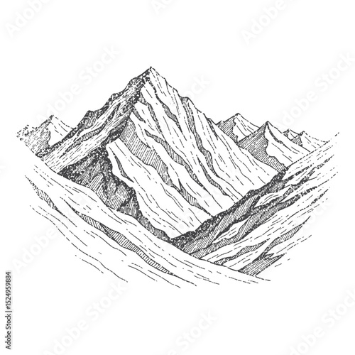 Abstract mountain range in overlayed pointillist grunge texture style. Vintage photocopy of snowy range of hills, mounted landscape with grainy noise. Retro halftone vector illustration.
