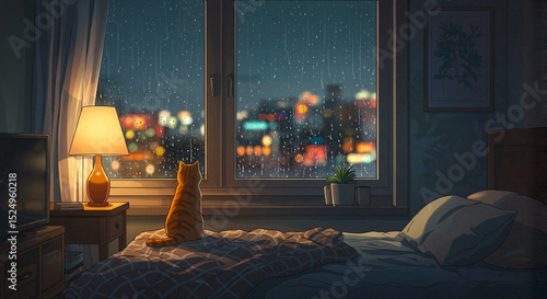 Ginger cat looking out the window at rain in cozy bedroom at night  