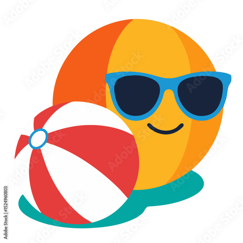 Funny 3D cartoon beach ball character with a smiley face and sunglasses, perfect for summer fun illustrations