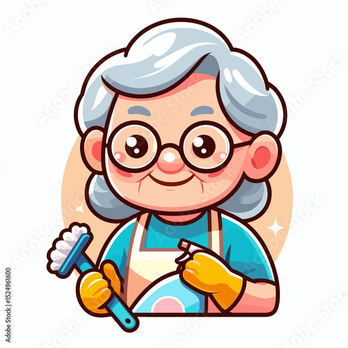 Elderly woman smiling while cleaning at home