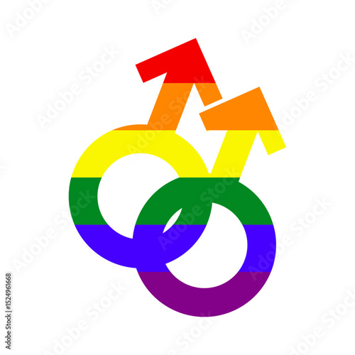 Logo lgbt. Mes del orgullo. Amor homosexual. Símbolos de género masculino entrelazados con los colores de la bandera arcoiris