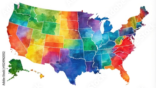 Colorful Watercolor Map of the United States of America States
