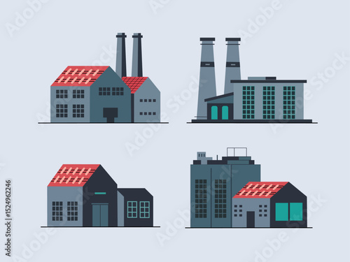 Four industrial factory buildings with red roofs and chimneys are illustrated on light gray background. Each building has unique design, showcasing different architectural styles and structures