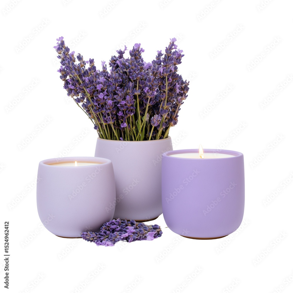 Lavender bouquet and candles arrangement on white background Lavender bouquet and candles arrangement on white background