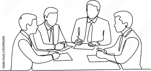 Continuous single line illustration of a business meeting with four people in a professional office discussion setting

