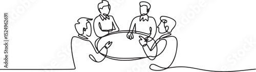 Continuous single line illustration of a business meeting with four people in a professional office discussion setting

