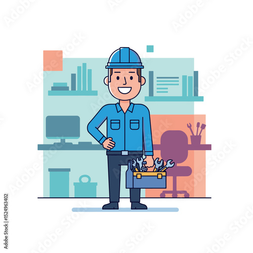Cartoon Worker with Toolbox in Office