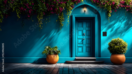 Fototapeta Naklejka Na Ścianę i Meble -  blue door with lush green vine on light blue wall