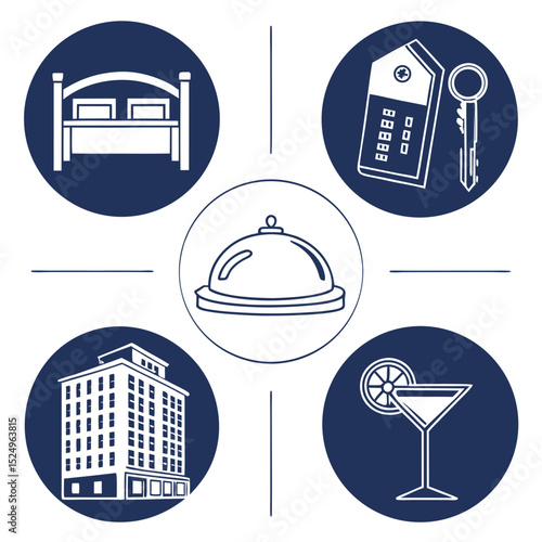 Hotel amenities icons key card bed building service dome cocktail