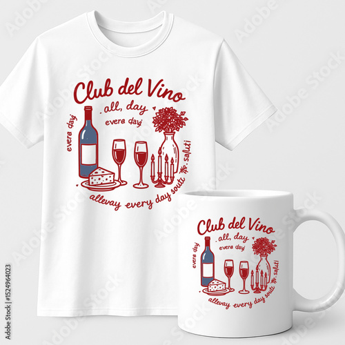 Club del Vino T-shirt and Mug Design– Elegant Wine and Cheese Illustration with Italian Quote