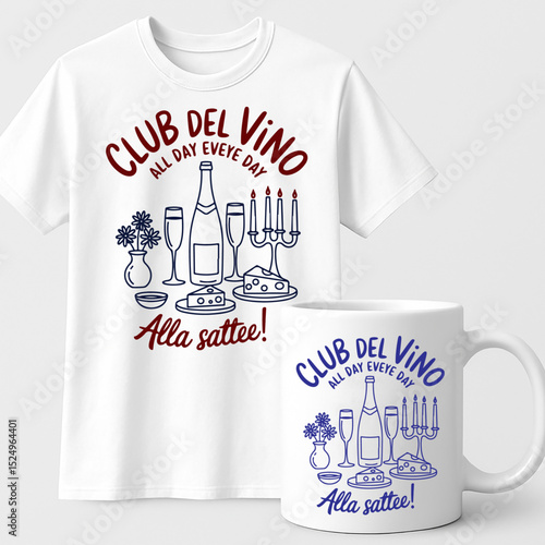 Club del Vino T-shirt and Mug Design– Elegant Wine and Cheese Illustration with Italian Quote