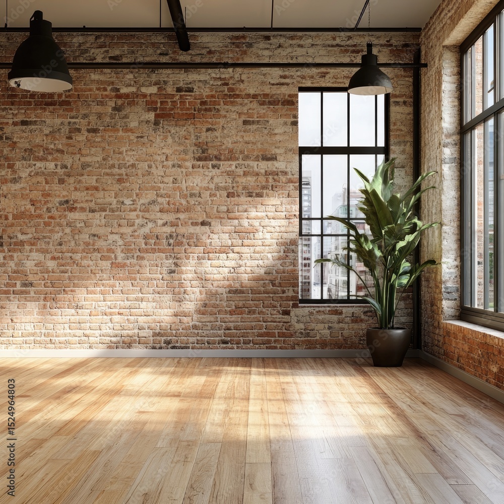 Sunlit industrial-style interior with exposed brick wall, hardwood floors, and large windows offering city view Sunlit industrial-style interior with exposed brick wall, hardwood floors, and large windows offering city view