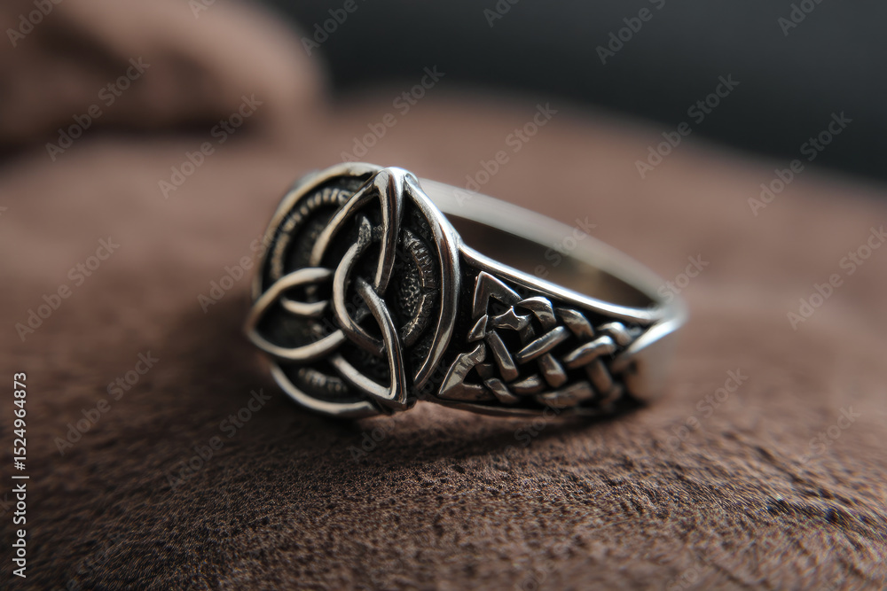 Naklejka premium Silver ring gleams, showing Celtic knot mystic beauty