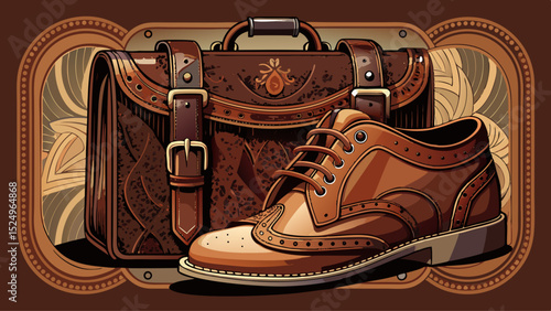Rich dark brown brogues accompanied by a matching leather satchel. Vintage elegance for the refined gentleman. Captured closely to emphasize intricate patterns and luxurious texture.

