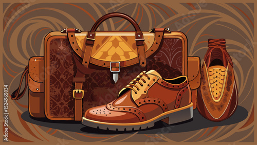 Rich dark brown brogues accompanied by a matching leather satchel. Vintage elegance for the refined gentleman. Captured closely to emphasize intricate patterns and luxurious texture.

