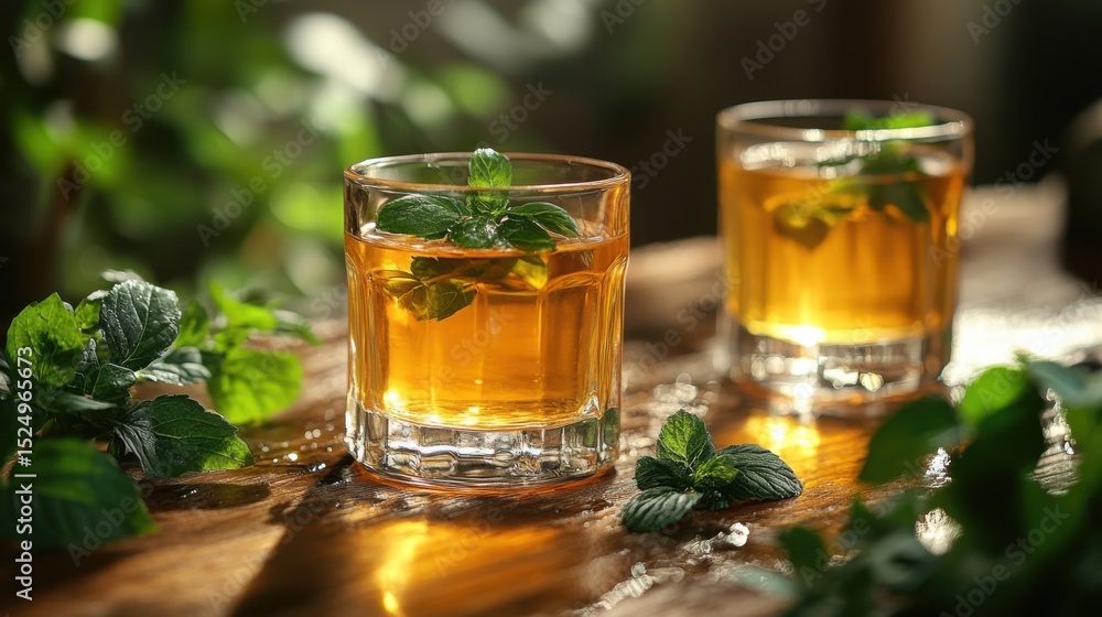 Two Drinks in Glassware with Mint on Wood Surface Two Drinks in Glassware with Mint on Wood Surface
