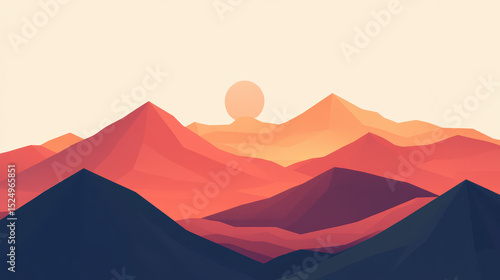 Abstract landscape with stylized mountains and setting sun in warm pastel shades creating a peaceful scenic view suitable for nature and travel themes
