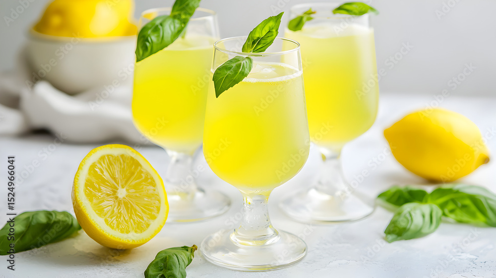 Fototapeta premium Refreshing lemon drinks in glasses garnished with basil leaves, surrounded by fresh lemons and basil on a bright surface.
