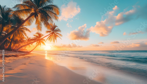 Sunny exotic beach by the ocean with palm trees at sunset summer vacation by the sea
