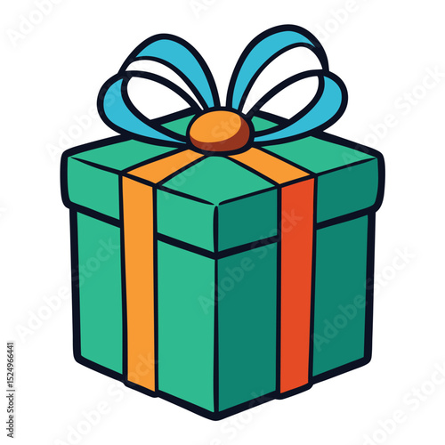 Colorful gift box vector illustration with blue bow and orange ribbon isolated on white background