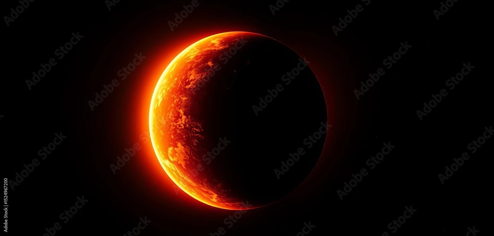 Obraz premium A fiery half-illuminated planet hangs in the inky blackness of space, its glowing surface contrasting sharply with the dark side, contrast, dark side