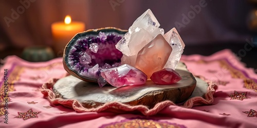 Wallpaper Mural Amethyst geode, selenite, rose quartz on altar cloth Cleansing ritual,  purple,  spiritual Torontodigital.ca