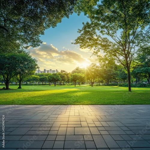 Fototapeta Naklejka Na Ścianę i Meble -  Serene park scene at sunset, lush green grass, paved pathway, city skyline in distance