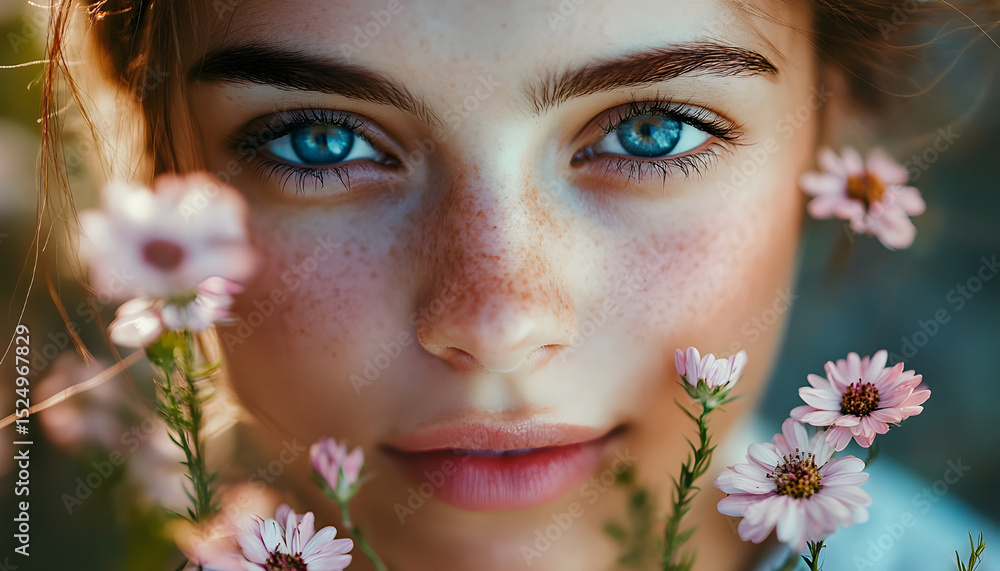close up portrait of Woman with Fresh flowers close up portrait of Woman with Fresh flowers