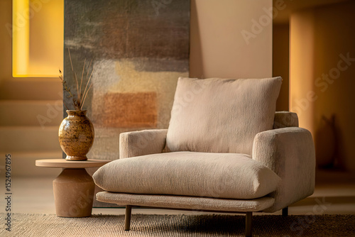Inviting living space with warm soft lighting plush cushions and a wooden side table styled in modern rustic decor with textured fabrics and an earthy muted color palette

