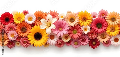 Flat lay of assorted colorful flowers including daisies and roses on white background. Perfect for floral designs, patterns, and spring or summer-themed creative projects.