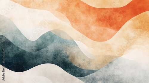 Abstract watercolor landscape with flowing layered shapes in warm orange and cool blue tones creating a calming scenic background for design projects