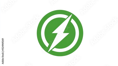 Green Circle with White Lightning Bolt Symbolizing Power and Energy, Eco-Friendly Electricity, Renewable Resource Icon, Symbol of Nature and Sustainability, Electricity and Environment Concept