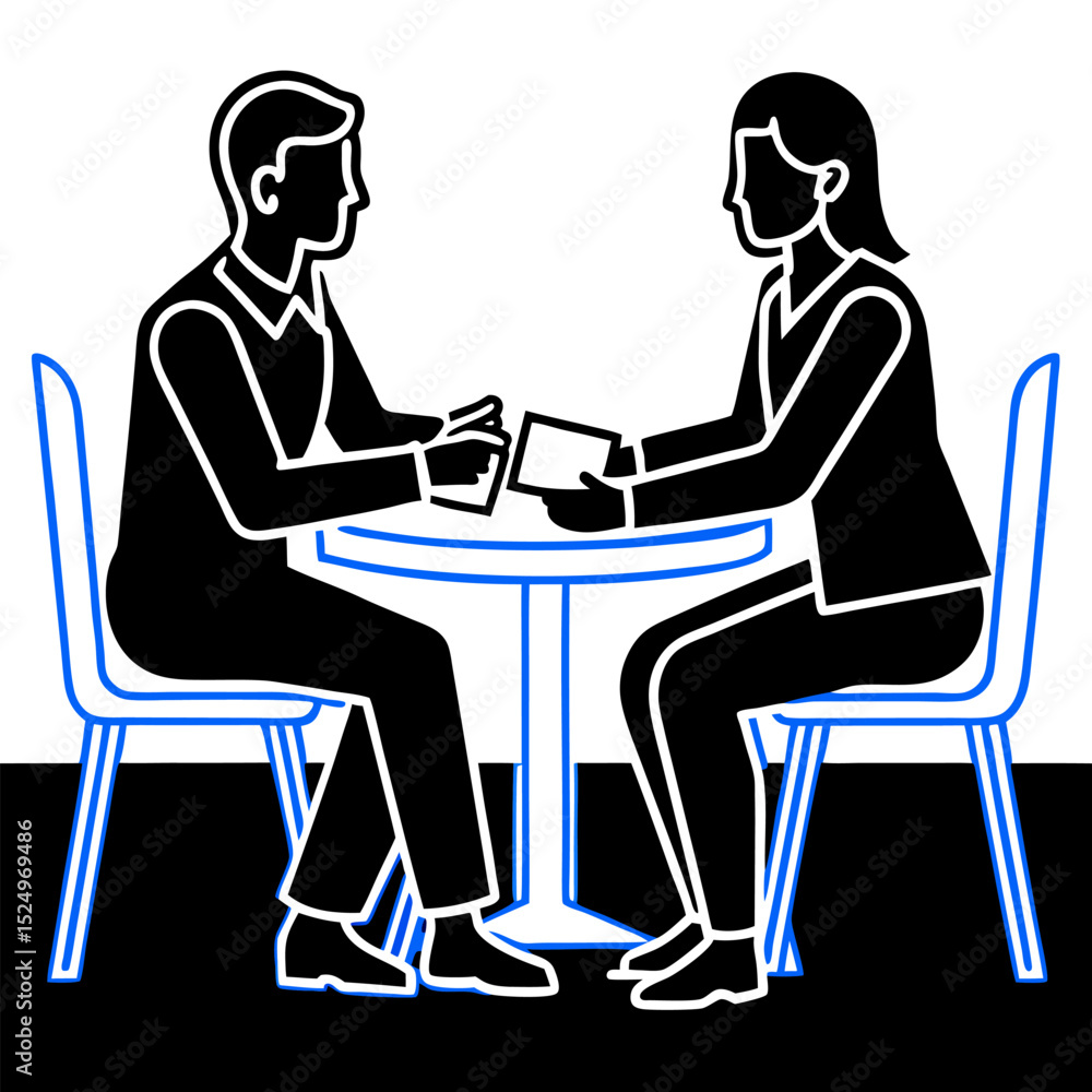 Man and boy sitting on chairs in a business-style illustration Man and boy sitting on chairs in a business-style illustration