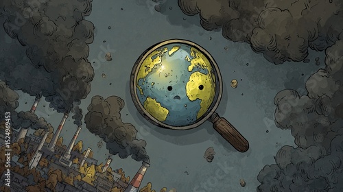 Conceptual Earth Under Magnifying Glass, Symbolizing Environmental Awareness and Pollution Concerns