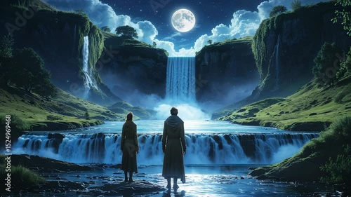 Majestic waterfall landscape under a full moon featuring two people in long coats standing