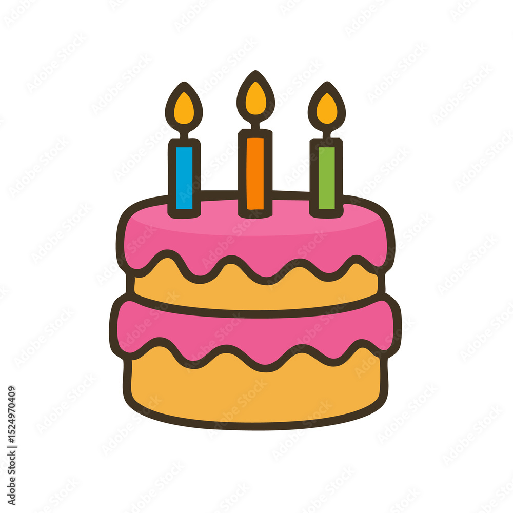 A flat digital illustration of a birthday cake with candles. A flat digital illustration of a birthday cake with candles.