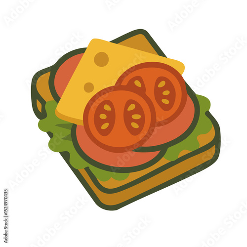 A flat illustration of a sandwich with layers of bread, meat, and vegetables.