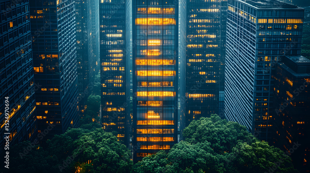 Obraz premium New York City's urban skyline at night, with towering skyscrapers and business office lights illuminating the city scene