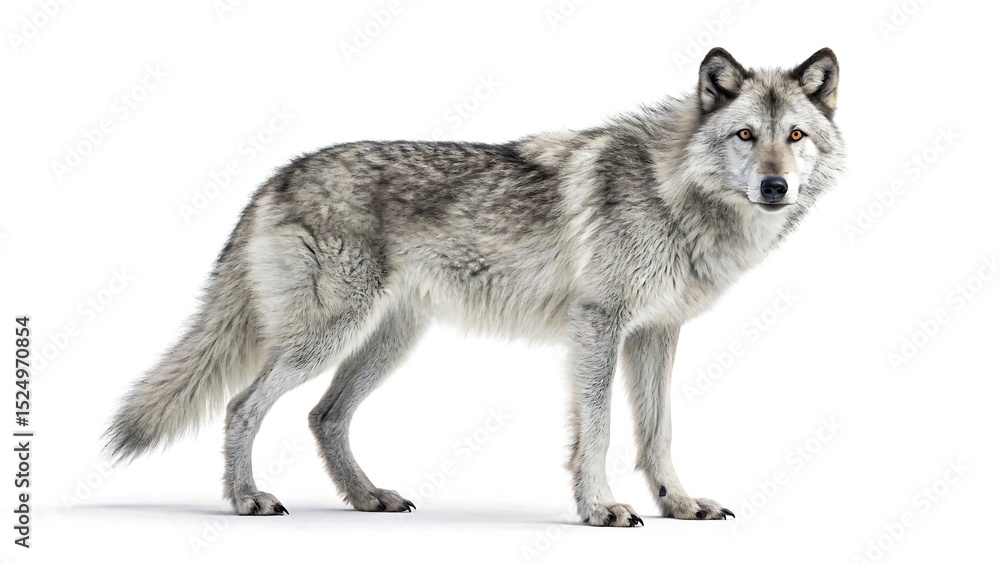 Obraz premium Gray wolf standing on white background, side view of wild animal in high resolution 