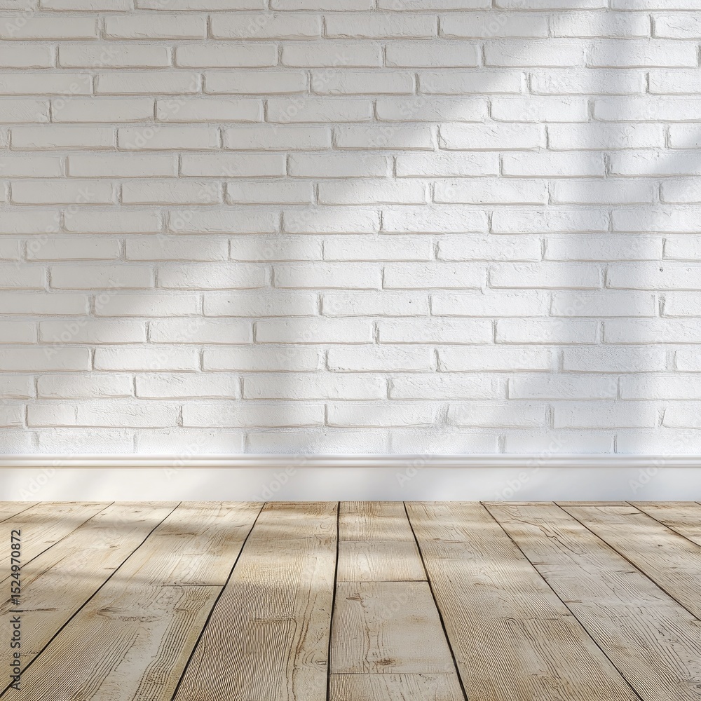 Sunlit room with white brick wall and wood floor Sunlit room with white brick wall and wood floor