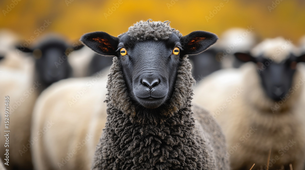 A flock of sheep includes one distinctive black sheep making eye contact with the camera A flock of sheep includes one distinctive black sheep making eye contact with the camera