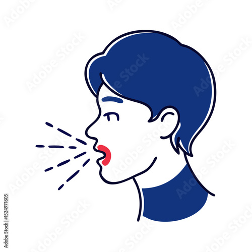 An outline illustration of a man with an open mouth, depicting a cough or speech. Useful for websites or blogs about health, communication, or symptoms.