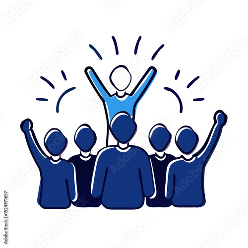 An illustration of a group of people, with one individual highlighted as a leader, cheering. Useful for websites or blogs about leadership, teamwork, success, or community.