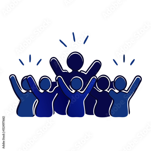 An illustration of a group of people, with one individual highlighted as a leader, cheering. Useful for websites or blogs about leadership, teamwork, success, or community.