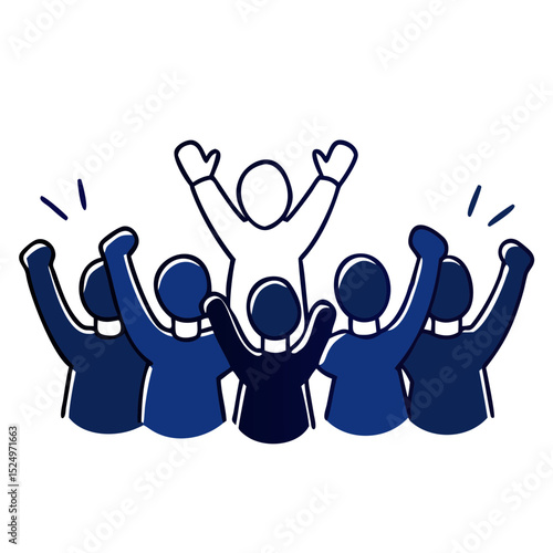 An illustration of a group of people, with one individual highlighted as a leader, cheering. Useful for websites or blogs about leadership, teamwork, success, or community.