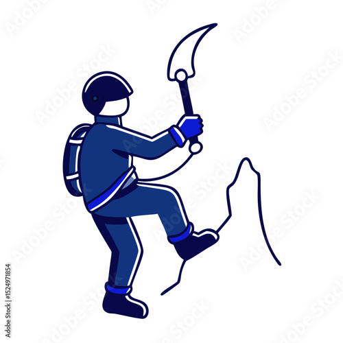 A climber with an ice axe, ascending a stylized rock face. Useful for websites or blogs about climbing, adventure, sport, or outdoor activities.