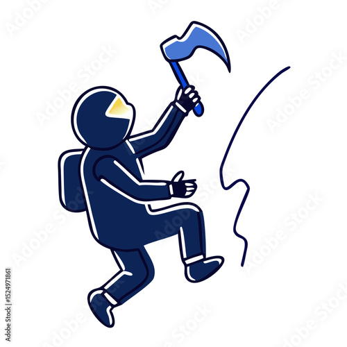 A climber with an ice axe, ascending a stylized rock face. Useful for websites or blogs about climbing, adventure, sport, or outdoor activities.