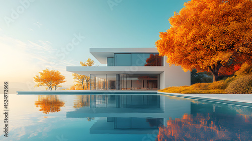 Luxury apartment building on the lake with a swimming pool and modern architecture in the autumn city