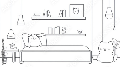 Simple line drawing of a cozy bedroom with a cat and a dog